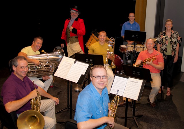 Photograph of Gwyneth Walker with ringmaster Clifford Roles and the Florida Brass Quintet