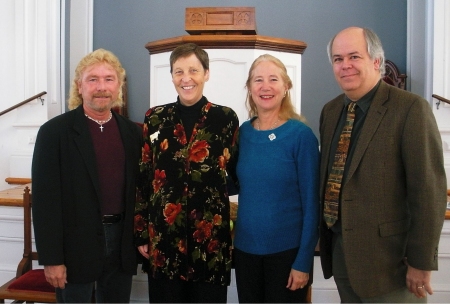 A photo of the tenor Bill Sorensen, Gwyneth Walker, soprano Cynthia Damer, and pianist Loren Evarts after the premiere