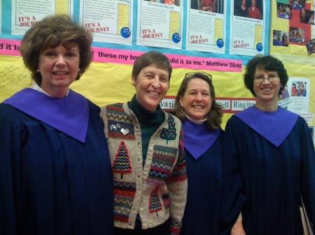 A photo of music director Jody Blaine Davis Davis, Gwyneth Walker, Amy Masback [wife of minister Skip Masback], and soprano Nancy Upton